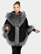 Woman's Dyed Black Suede Leather Cape with Dyed Finn Racoon Trim