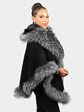 Woman's Dyed Black Suede Leather Cape with Dyed Finn Racoon Trim