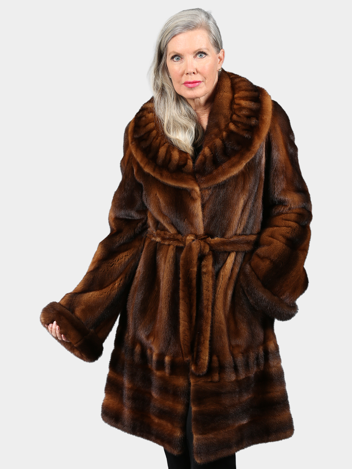 Woman's Dyed Cognac Female Mink 7/8 Coat with Detachable Fur Belt