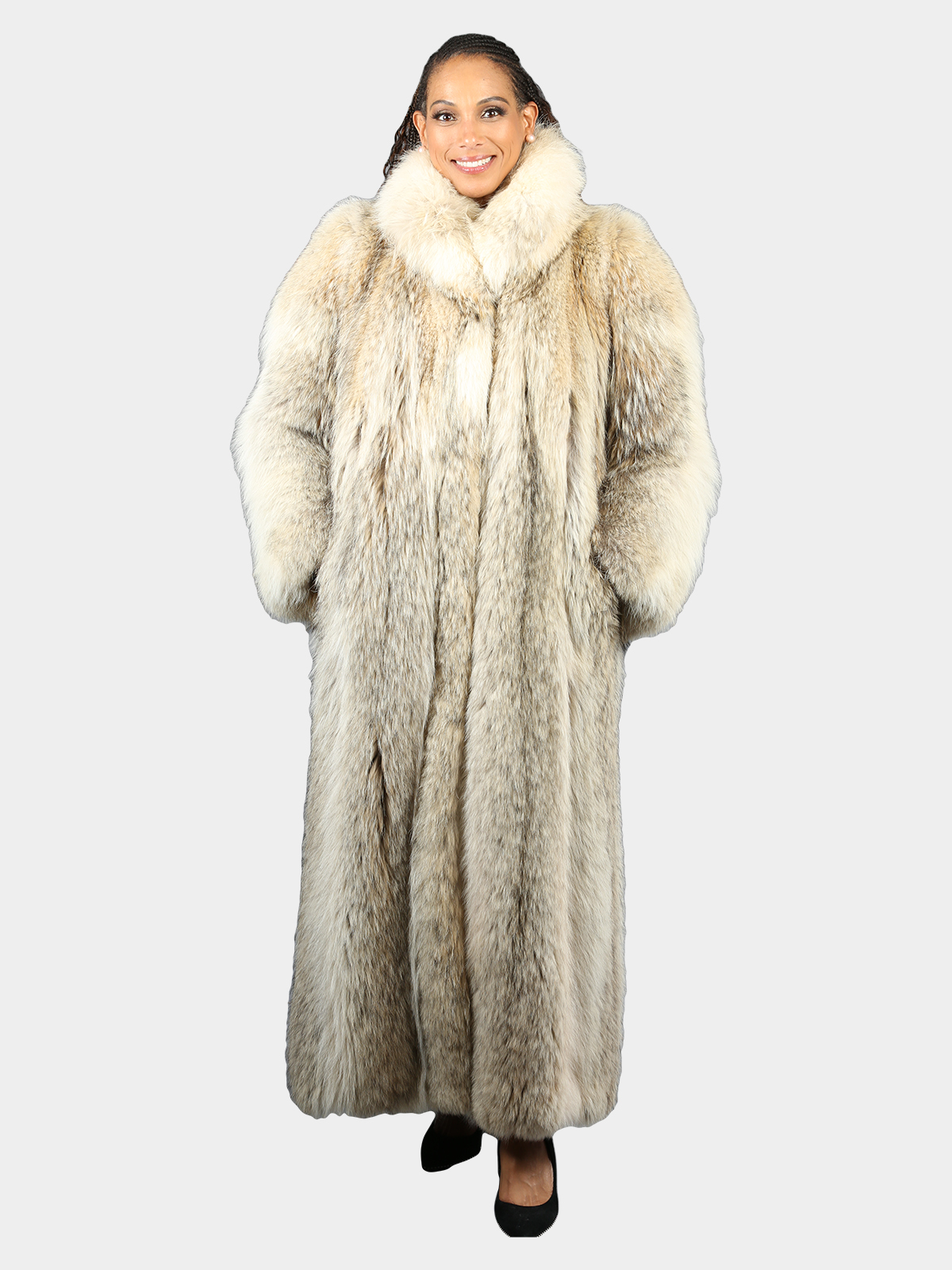 Woman's Natural Coyote Extra Long Fur Coat with Headband