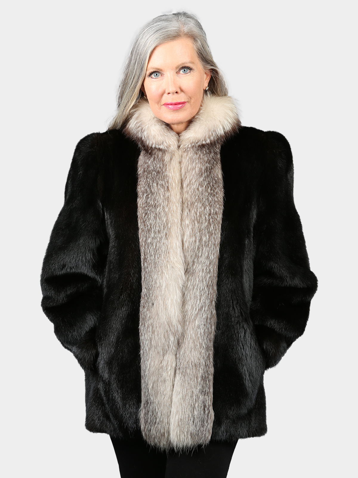 Woman's Natural Ranch Mink Jacket with Indigo Fox Tuxedo Front