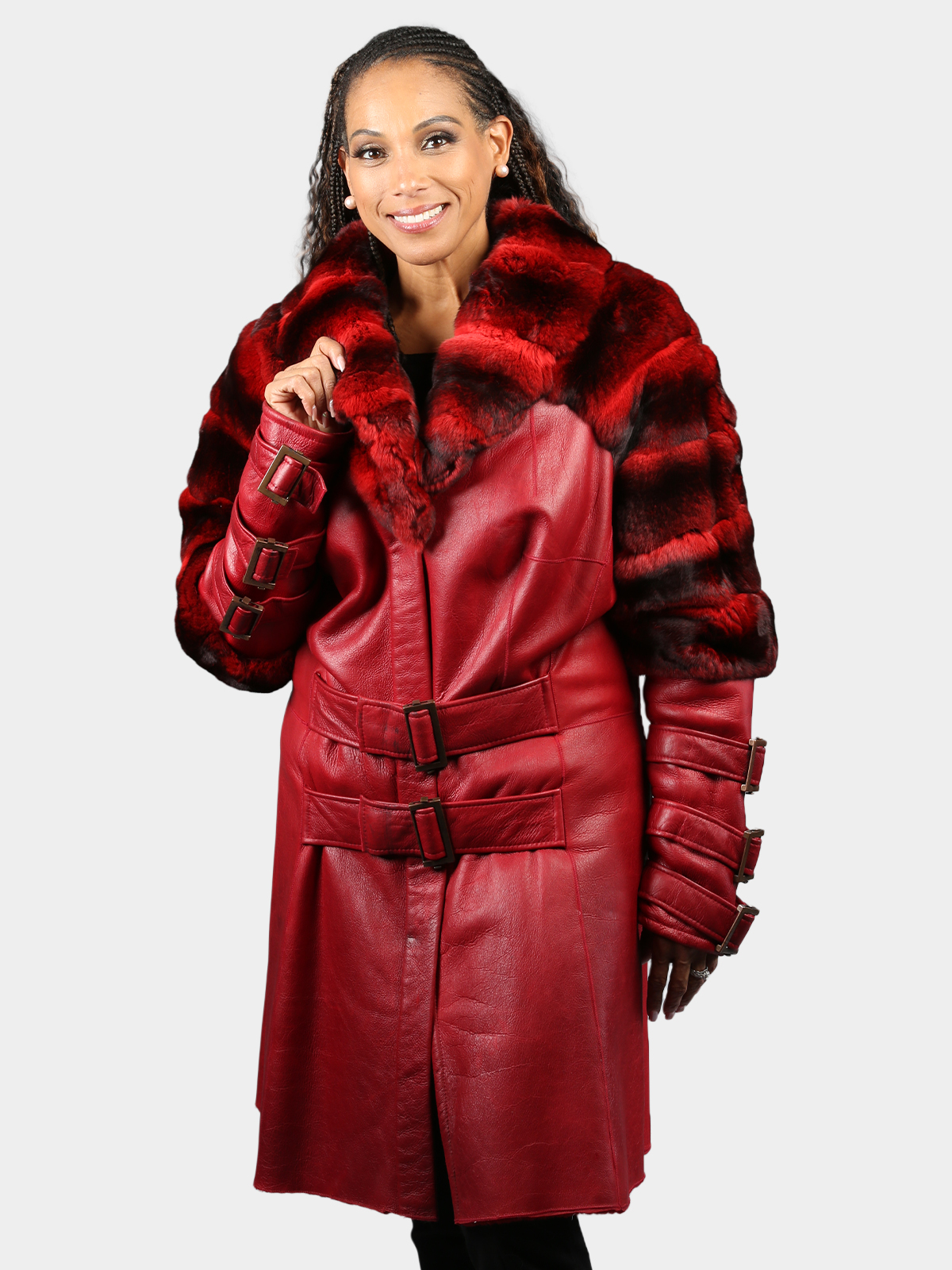 Woman's Dyed Vintage Red Shearling Lamb Coat with Dyed to Match Chinchilla Fur Trim