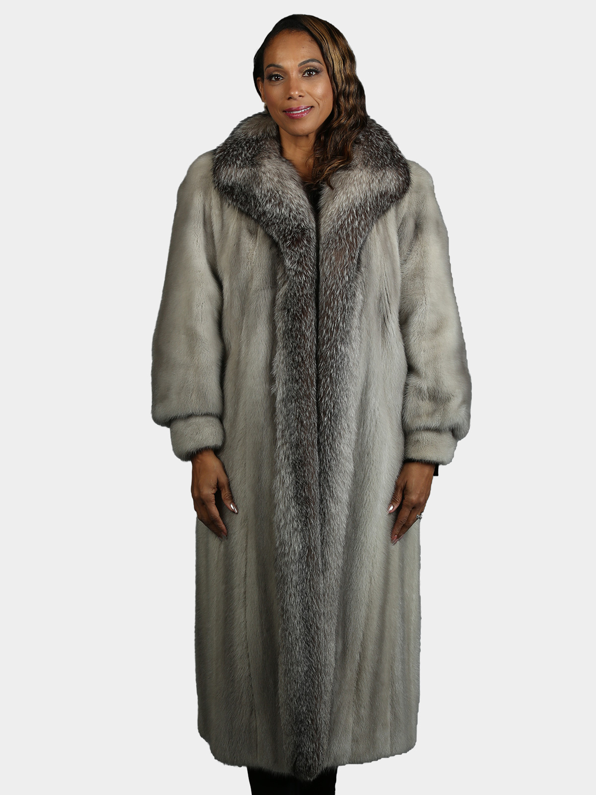 Woman's Natural Cerulean Mink Fur Coat with Indigo Fox Collar and Tuxedo Front