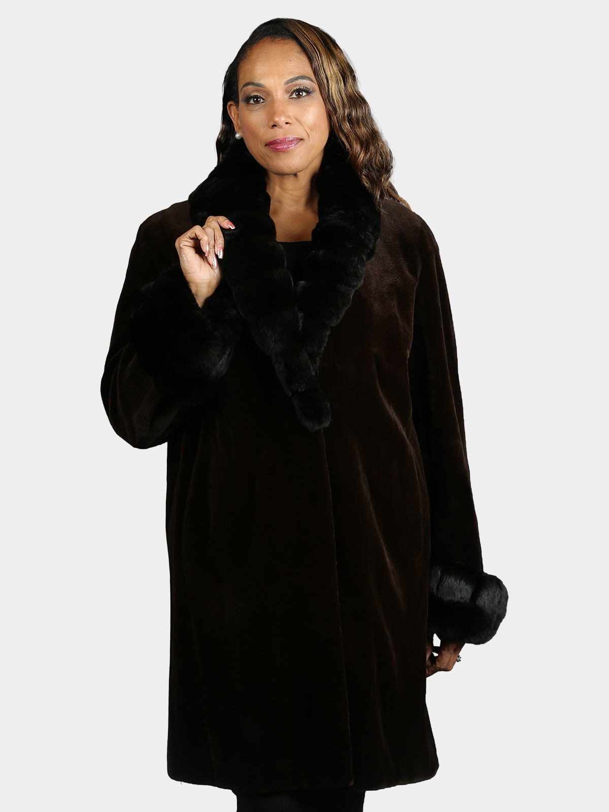 Woman's Dyed Deep Brown Sheared Mink Fur 3/4 Coat  with Black Chinchilla  Collar and Cuffs