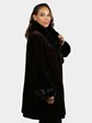 Woman's Dyed Deep Brown Sheared Mink Fur 3/4 Coat  with Black Chinchilla  Collar and Cuffs