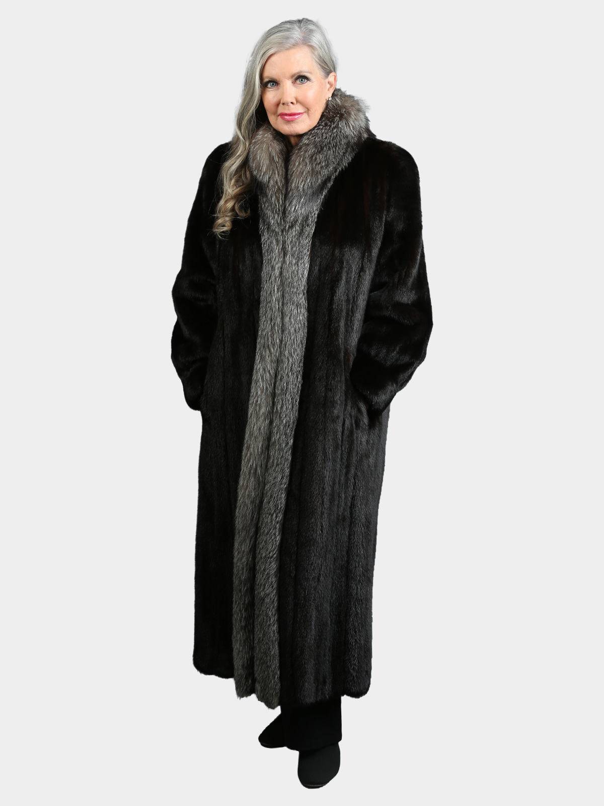 Woman's Natural Ranch Mink Fur Coat with Indigo Fox Tuxedo