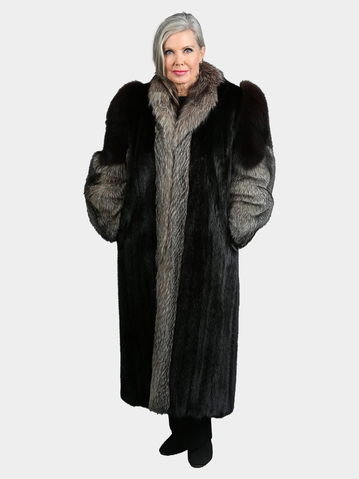 Woman's Natural Ranch Mink Coat with Indigo Fox Tuxedo Front and Fox Sleeves