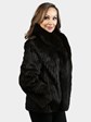 Woman's Deep Mahogany Cord Cut Mink Fur Jacket with Black Fox Collar and Front