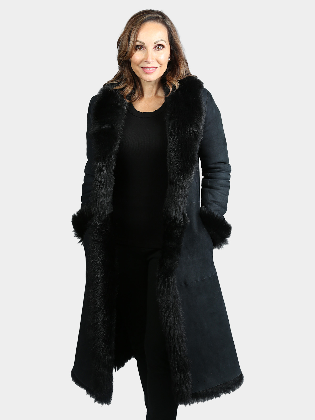 Woman's Black Suede Shearling Lamb 3/4 Coat with Toscana Lamb Fleece