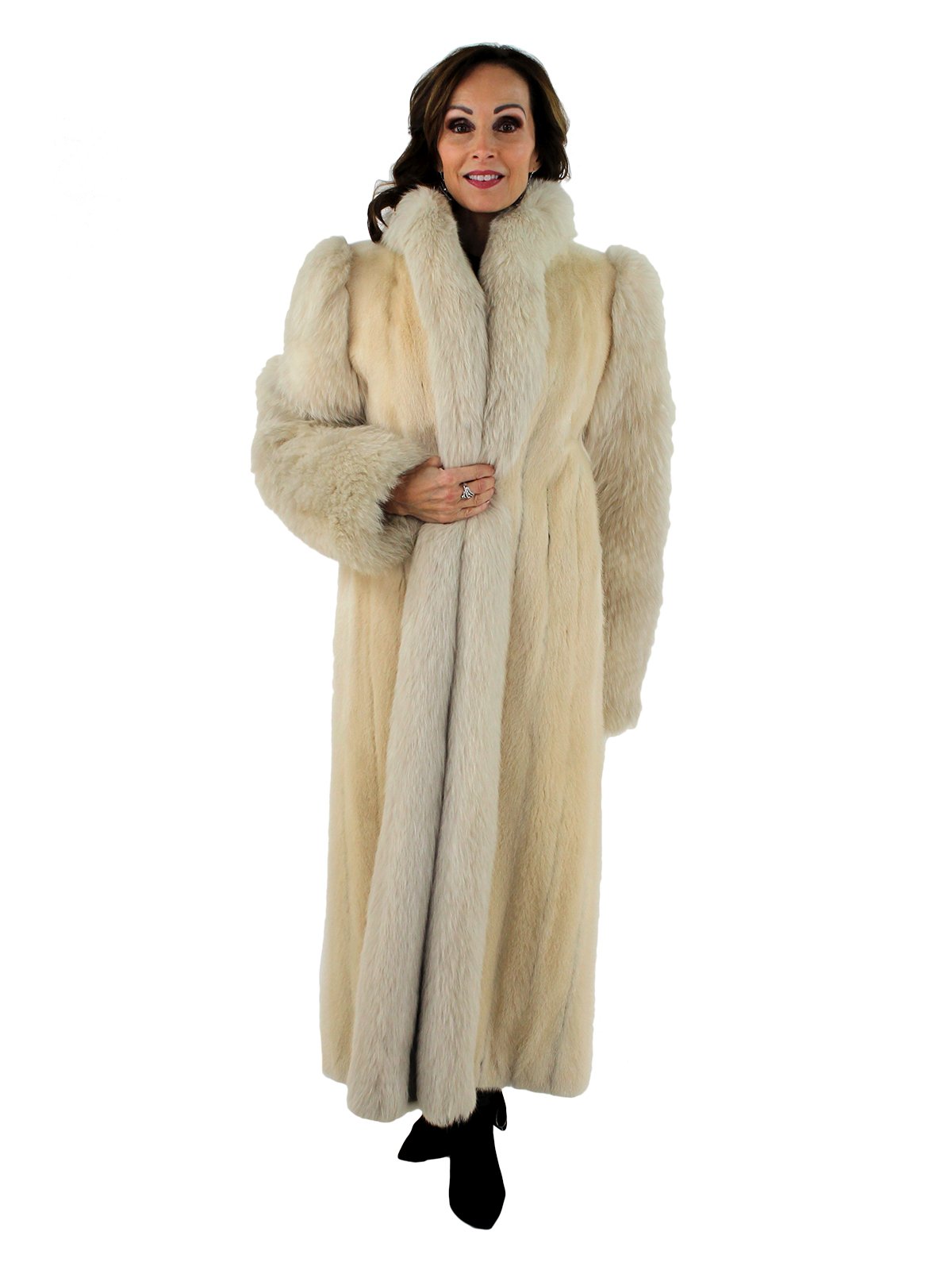 Blush Mink Fur Coat with Blush Fox Fur Sleeves and Tuxedo Front - Women ...
