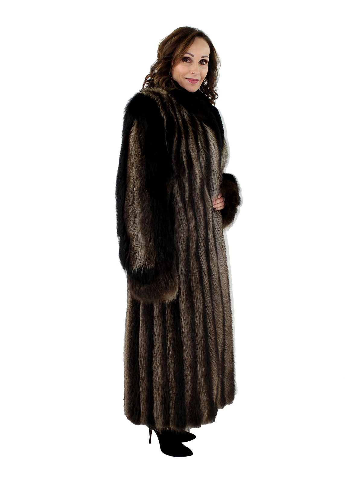 Natural Raccoon Fur Coat With Black Fox Fur Trim Womens Fur Coat