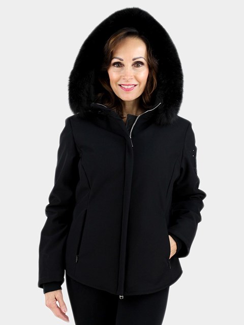 Woman's Black Fabric Ski Jacket with Fox Hood