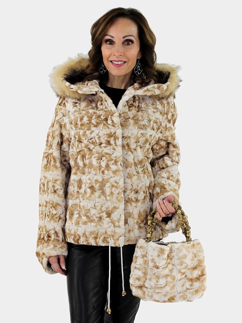 Woman's Iceberg Sheared Mink Fur Section Jacket with Fox Fur Trimmed Hood and Matching Hand Bag