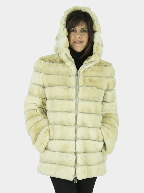 Woman' Rex Rabbit Fur Jacket Reversible to Quilted Silver Grey Fabric