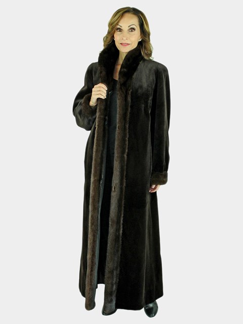 Woman's Brown Sheared Mink Fur Coat with Traditional Mink Trim