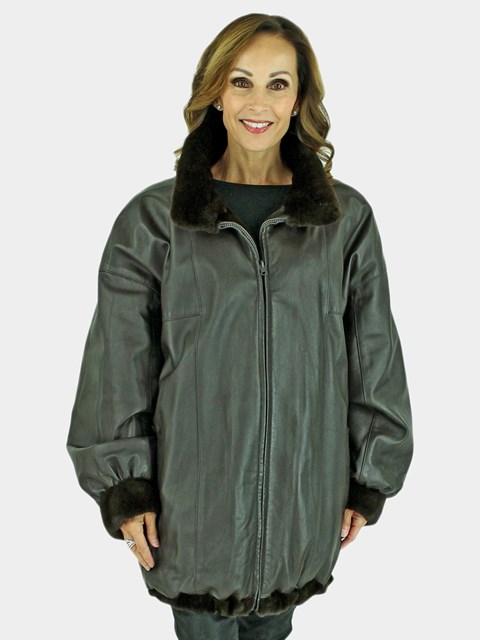 Woman's Dark Brown Sheared Mink Fur Jacket Reversing to Leather