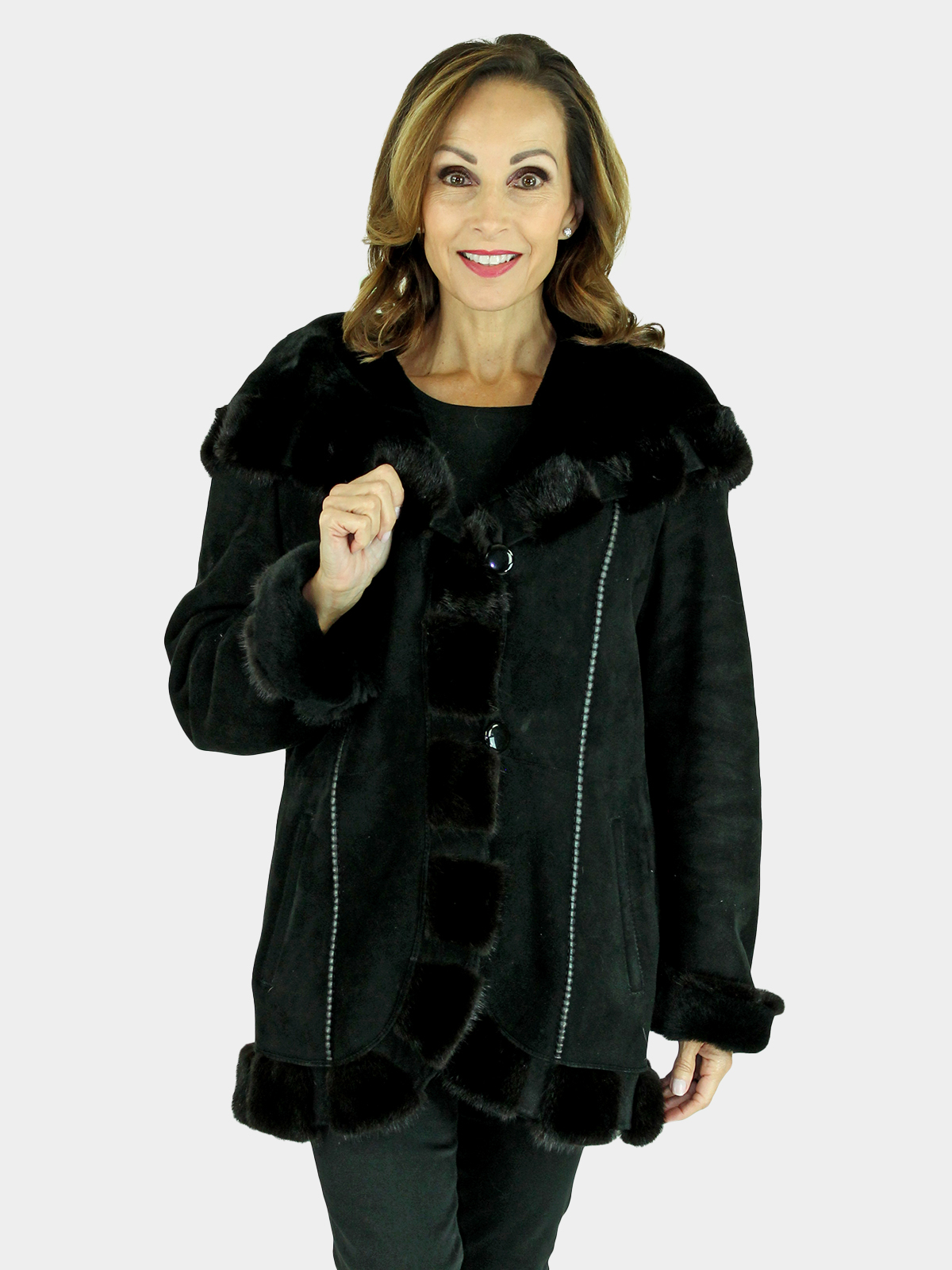 Black Suede Shearling Lamb Parka with Mink Trim | Estate Furs