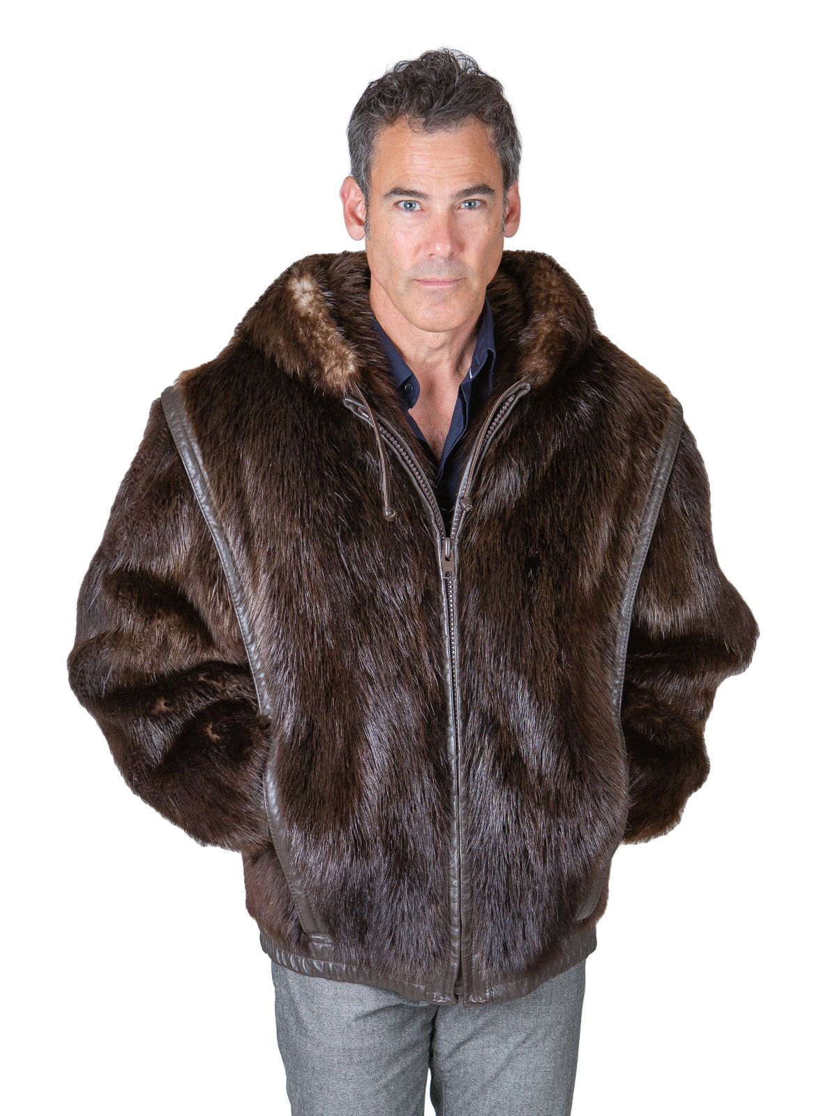 Medium Tone Long Haired Beaver Fur Parka with Leather Inserts - Men's ...