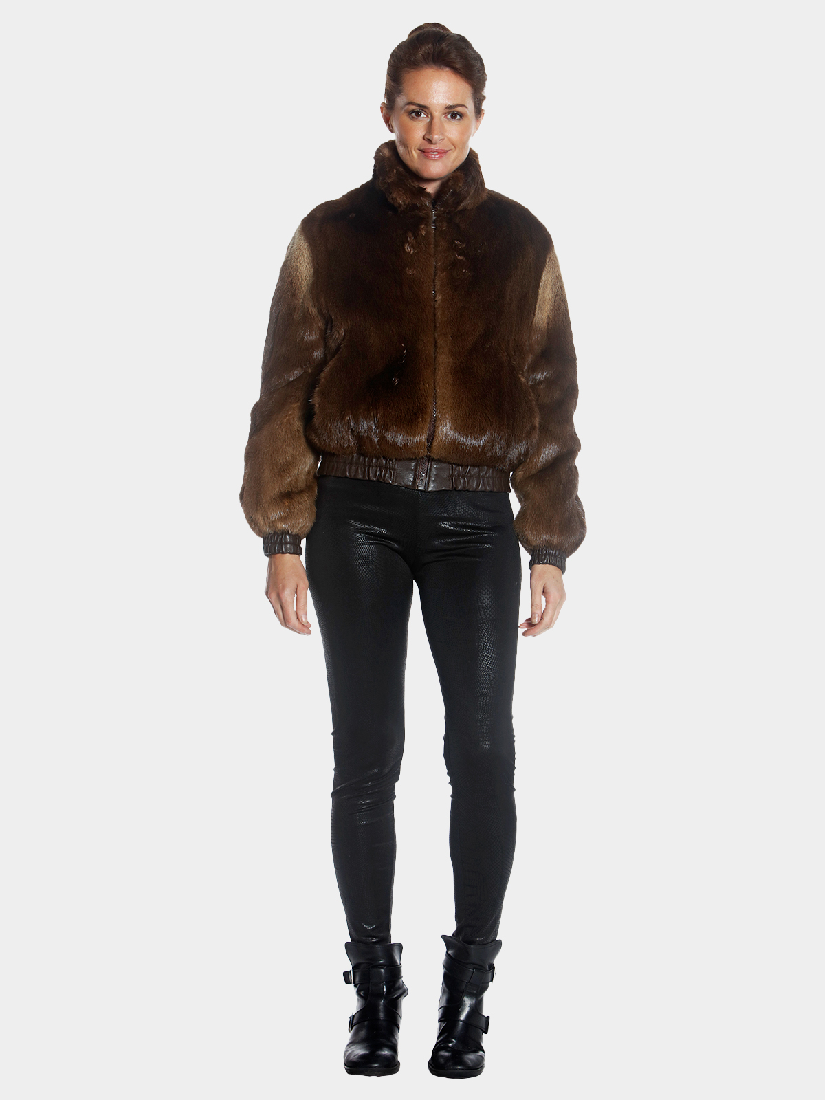Day Furs Inc. Man's Medium Tone Long Hair Beaver Fur Jacket with Zip Out Leather Sleeves