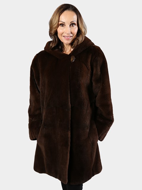 Woman's Brown Sheared Mink Fur Hooded Stroller