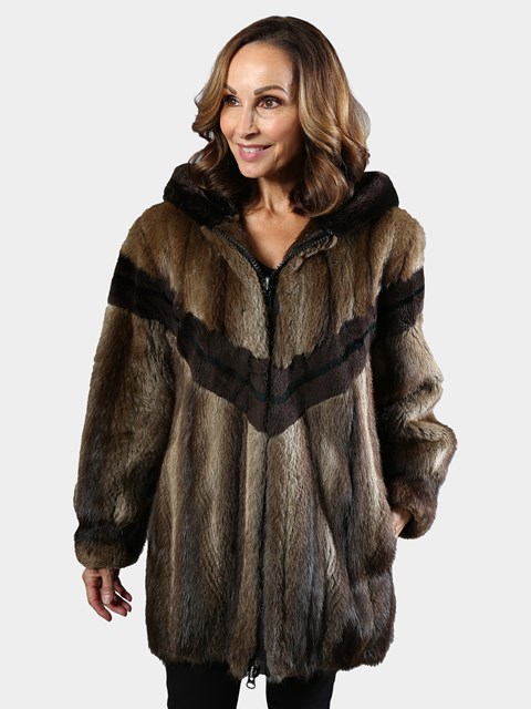 Woman's Natural Muskrat Fur Parka with Sheared Muskrat Design