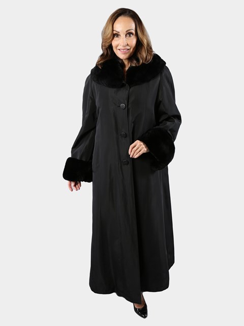 Woman's Black Rain Taffeta Coat with Black Rex Rabbit Fur Collar, Cuffs, and Lining