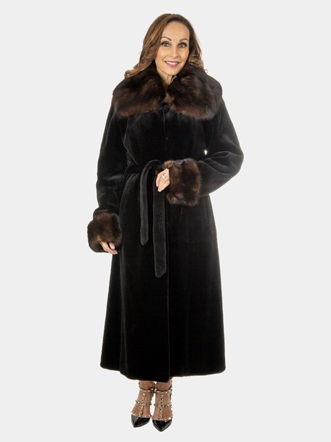 Women's Deep Brown Sheared Mink Fur Coat with Sable Trim