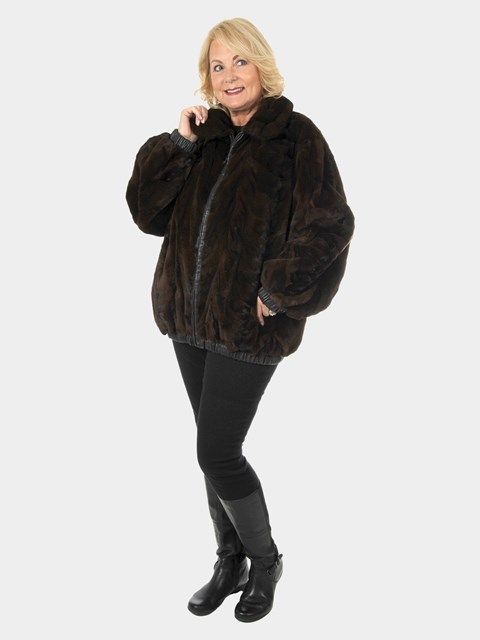 Women's Plus Sized Mahogany Semi Sheared Sculptured Mink Fur Jacket Reversing to Leather