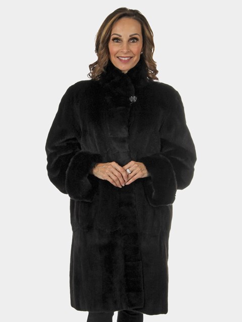 Woman's Black Sheared Mink Fur Stroller Reverses to Rain Taffeta