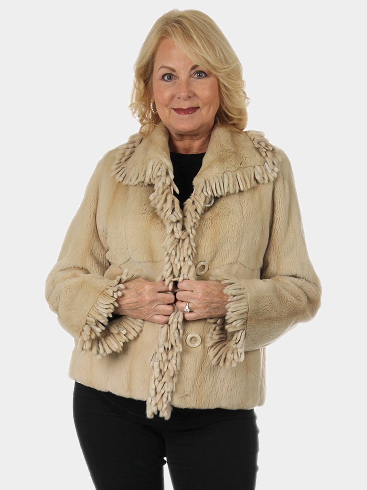 Woman's Beige Sheared Mink Fur Jacket Reversing to Rain Tafetta