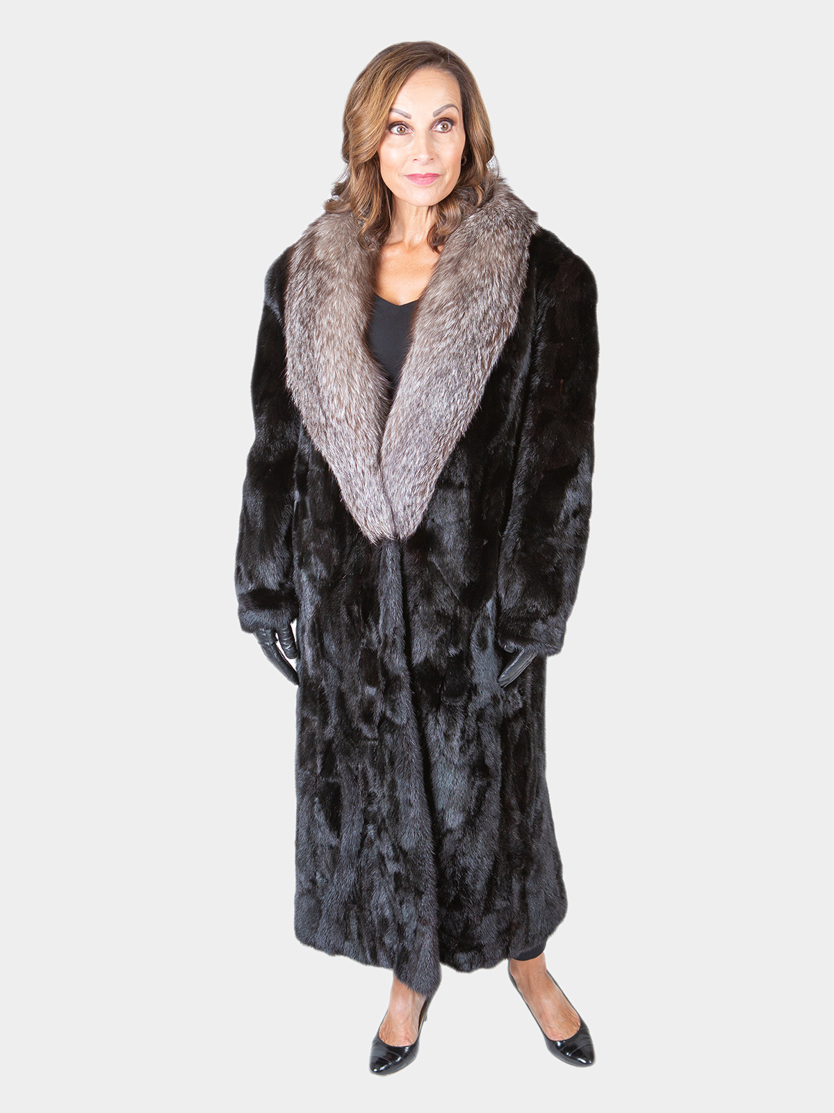 Black Mink Coat With Indigo fox Sleeves And Collar XL (16)– Purple