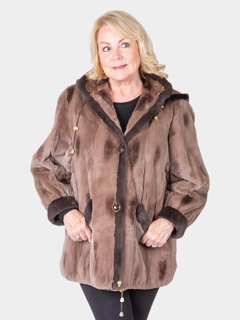 Woman's Taupe Sheared Muskrat Jacket with Detachable Hood