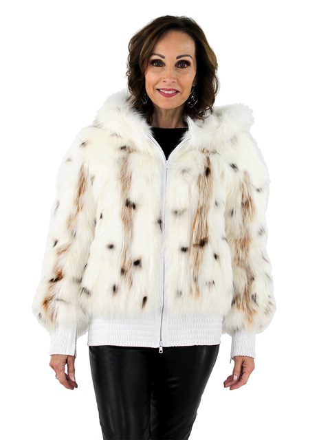 Woman's White Spotted Fox Fur Zipper Parka with White Velvet Lined Hood