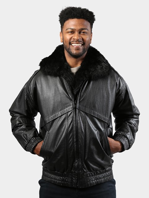 Man's Black Leather Bomber Jacket with Opossum Fur Liner