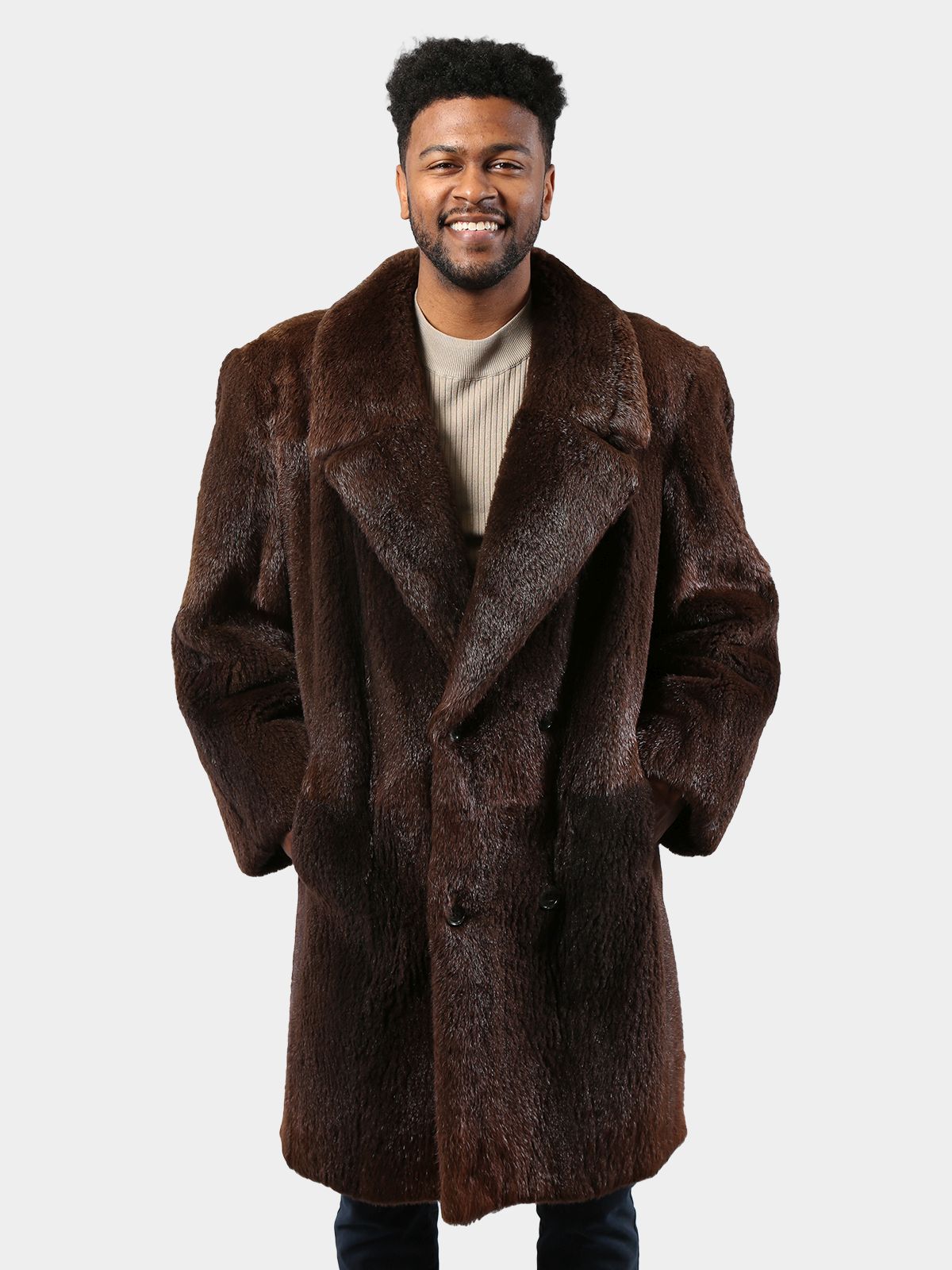 Brown Semi-Sheared Nutria Men's Fur Coat - Estate Furs