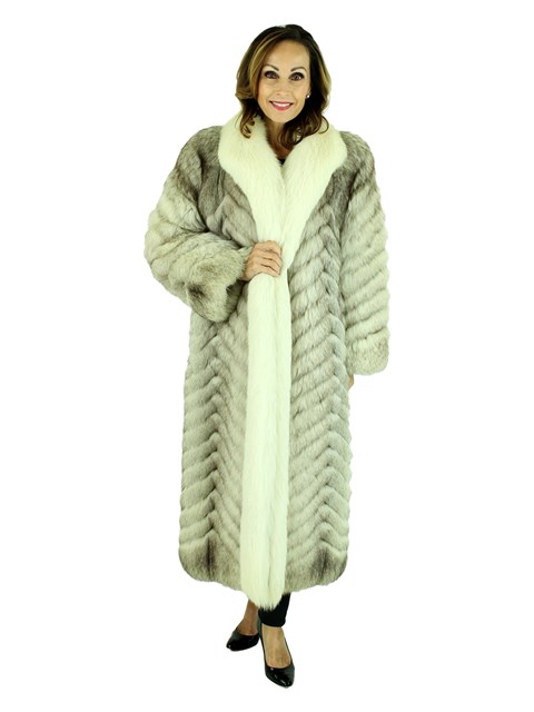 Woman's Chevron Pattern Blue Fox Fur Coat with Shadow Fox Trim