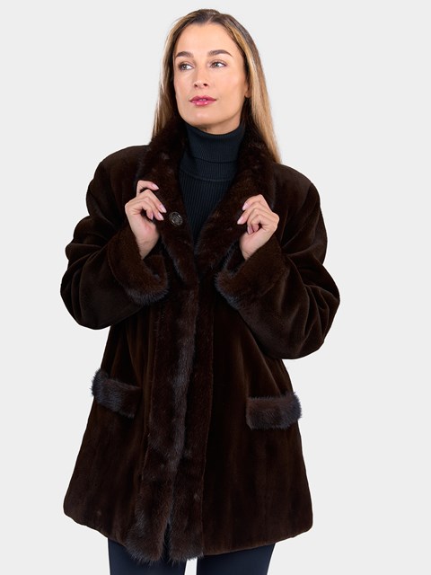 Woman's Brown Sheared Mink Fur Jacket Reversible to Rain Taffeta