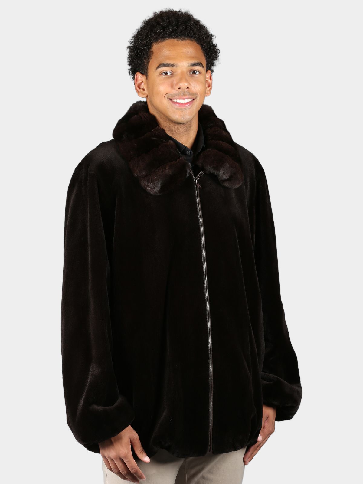 Unisex Plus Size Dyed Dark Brown Sheared Mink Fur Jacket with Chinchilla Collar