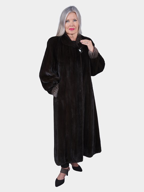 Woman's Ranch Mink Fur Coat with Blue Iris Mink Trim