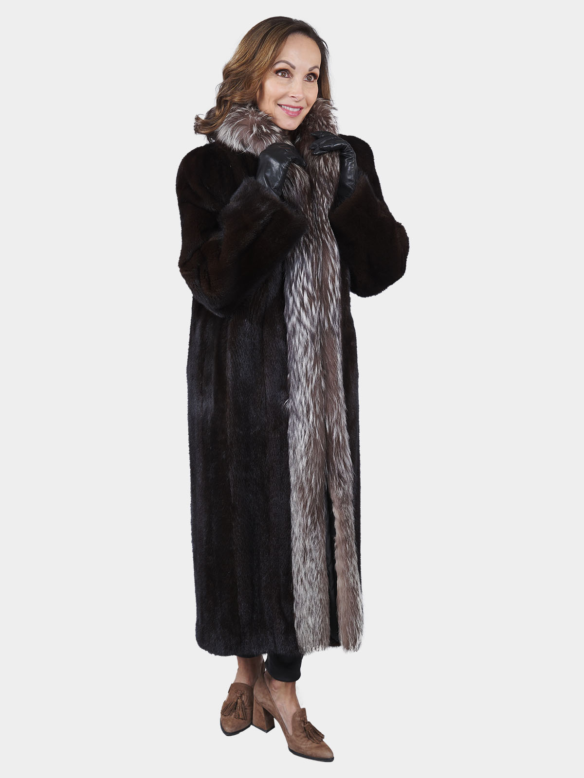 Luxury Women Genuine Mink Fur Coats With Lapel Sliver Fox Fur