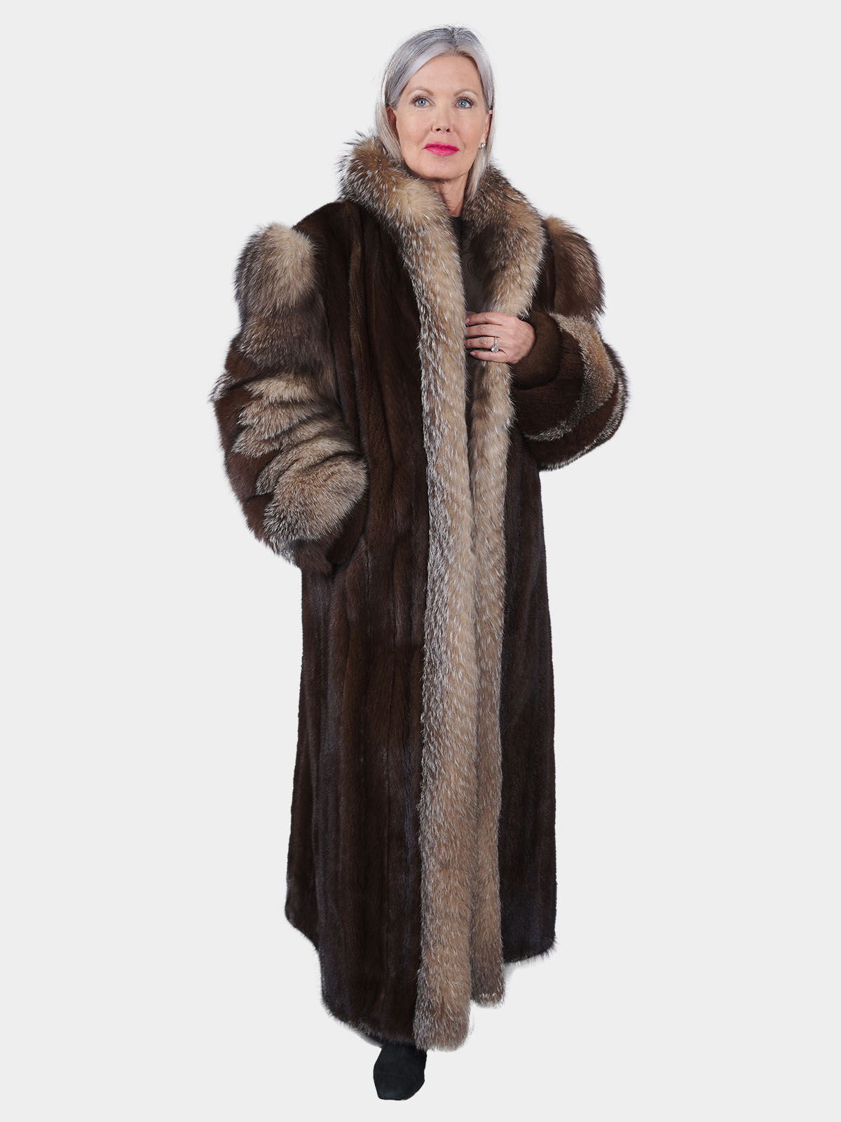 Mahogany Mink Fur Coat with Crystal Fox