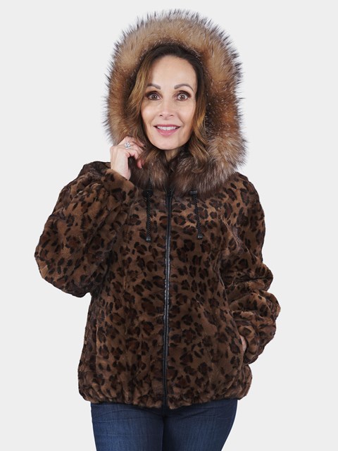 Woman's Animal Print Sectioned Mink Fur Parka Reversing to Leather