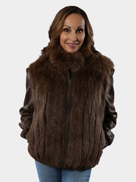 Woman's Brown Fox Fur Jacket with Zip Out Leather Sleeves