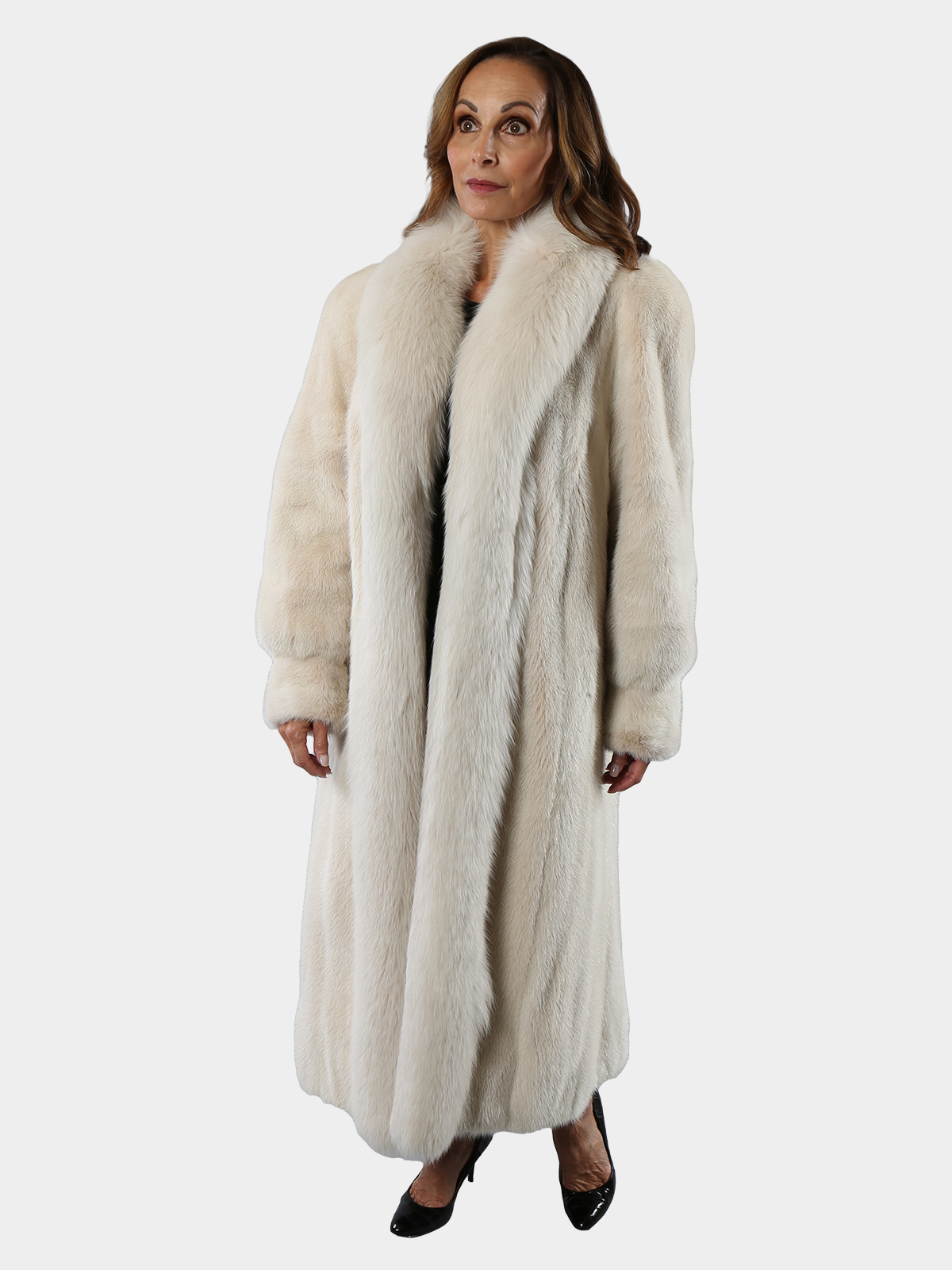White Mink Fur Coat with Fox Tuxedo Front (Medium) - Estate Furs