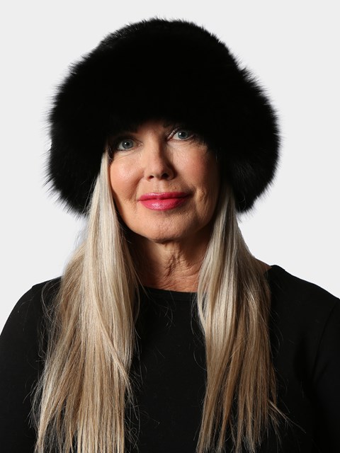 Woman's Black Knit Mink Fur Hat with Fox Trim