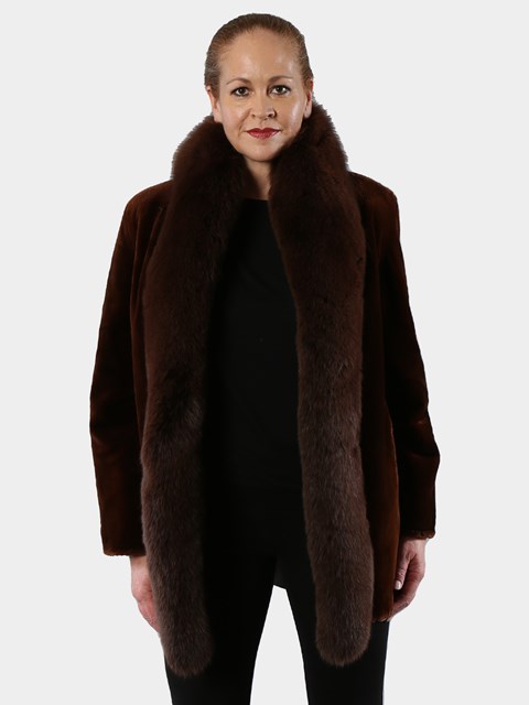 Woman's Cognac Sheared Beaver Fur Jacket with Fox Tuxedo Front Reversing to Leather