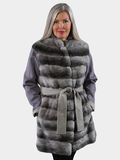 Woman's Chinchilla Dyed Rex Rabbit Fur Stroller with Fabric Sleeves