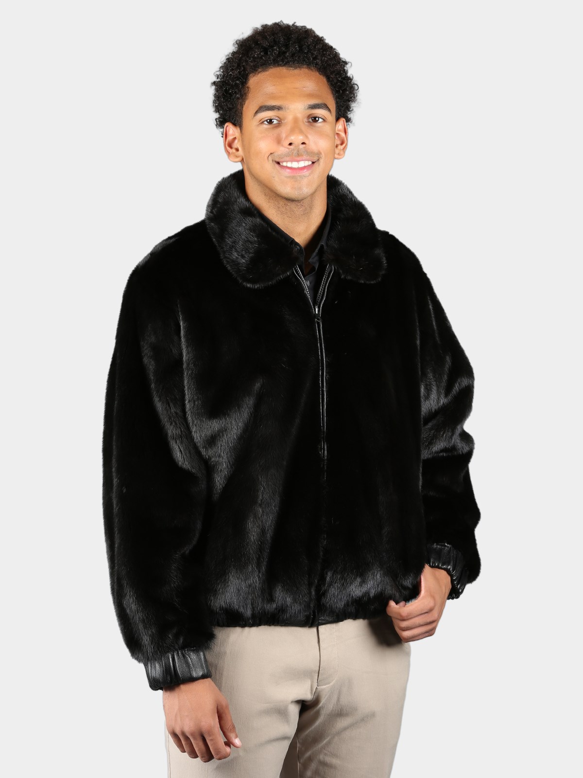 Man's Natural Ranch Mink Bomber Jacket Reversing to Leather