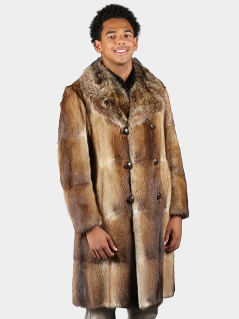 Man's Natural Muskrat Coat with Racoon Collar