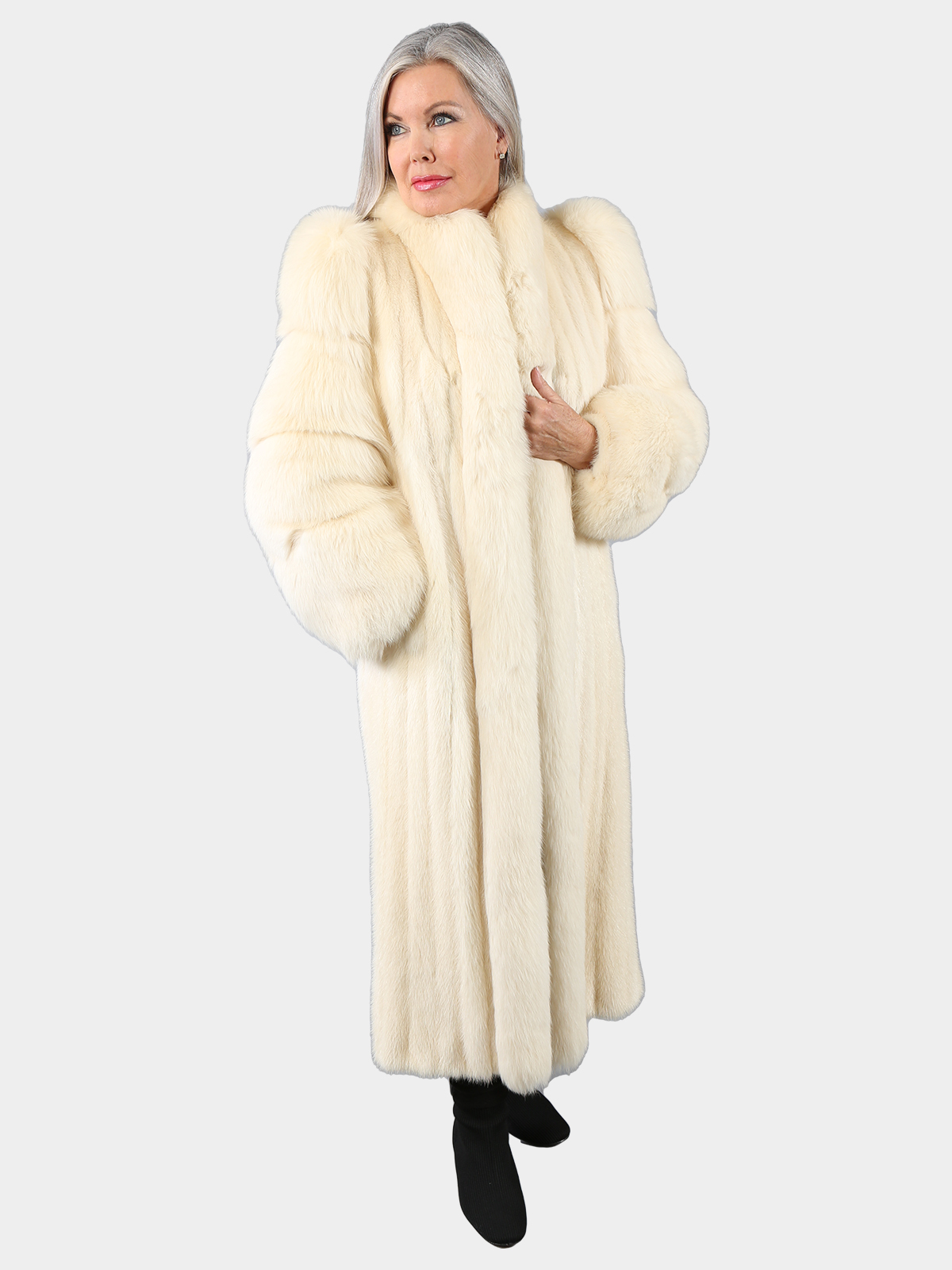 White Mink Fur Coat with Fox Tuxedo Front